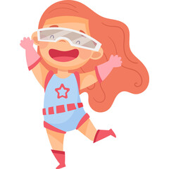 Joyful young girl wearing a superhero costume with a star emblem and pink gloves and boots, posing playfully with large glasses