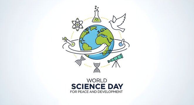 Celebrate World Science Day with peace and development, showcasing Earth with symbols of science, exploration, and discovery for a brighter future