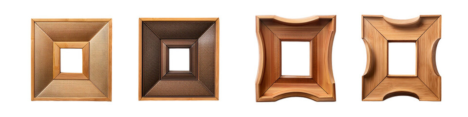 Fototapeta premium Four rectangular wooden frames in different wood finishes isolated on transparent background