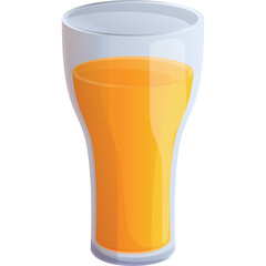 Transparent glass filled with vibrant orange juice beverage with subtle light reflections and a smooth gradient of color isolated on a white background
