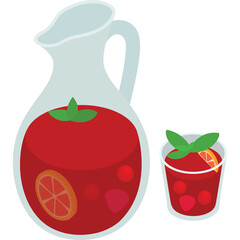 Transparent Background Refreshing Red Fruit Punch Beverage in a Glass Pitcher with Sliced Orange and Mint Garnish Next to a Single Serving Glass Filled with Ice and Garnishes