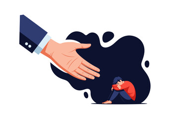 Mental Health Support & Crisis Intervention: Large Hand Offering Help to Distressed Man Vector