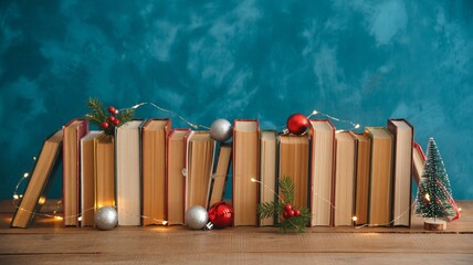 Holiday reading inspiration books with Christmas ornaments and lights add festive cheer to your home library during the winter season and Christmas time