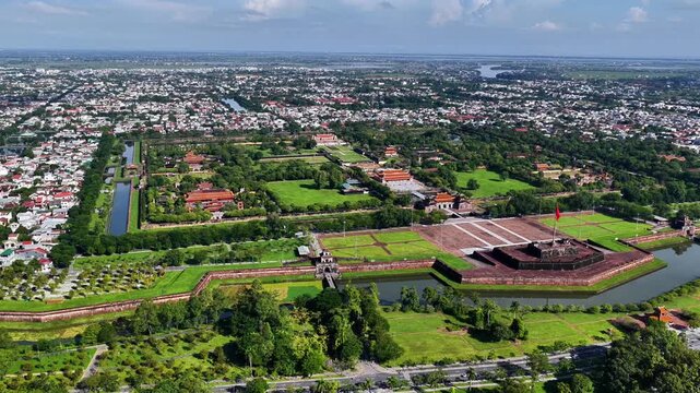 Aerial view of Hue Citadel and view of Hue city, Vietnam. Imperial Royal Palace of Nguyen dynasty.