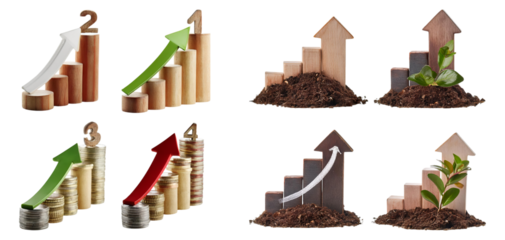 Growth and Progress Symbols with Charts and Natural Elements, Isolated on Transparent Background