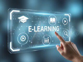Hand touching on virtual screen E-learning Education Internet Technology Webinar Online Courses concept
