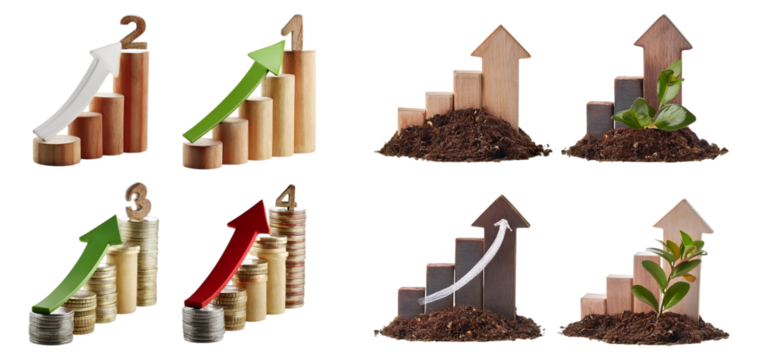 Growth and Progress Symbols with Charts and Natural Elements, Isolated on Transparent Background