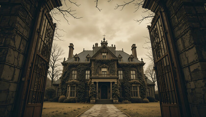 Creepy Victorian Mansion with Open Gates, Overgrown Ivy, Moody Sky