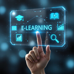 Hand touching on virtual screen E-learning Education Internet Technology Webinar Online Courses concept