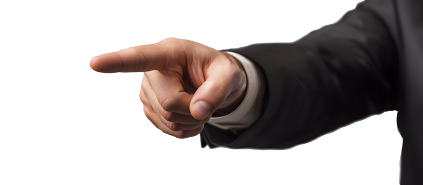 Closeup of a hand in a business suit pointing on a white background