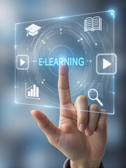 Hand touching on virtual screen E-learning Education Internet Technology Webinar Online Courses concept