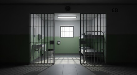 Stark Jail Cell Interior with Bunk Beds and Open Bars, Shadows