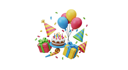 Colorful celebration theme with birthday cake balloons and gift boxes