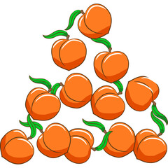 Triangle Arrangement of Ripe Orange Peaches with Green Stems and Leaves on a Transparent Background