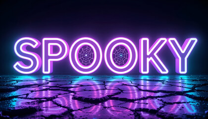 Purple Neon 'SPOOKY' Title with Geometric Web Detail and Wet Reflection