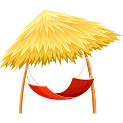 Tropical thatched roof shelter with a vibrant red hammock for relaxation on a sunny day with a transparent background