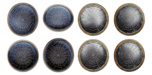 Collection of Circular Mirrors with Spider Web Design Patterns, Isolated on Transparent, white background