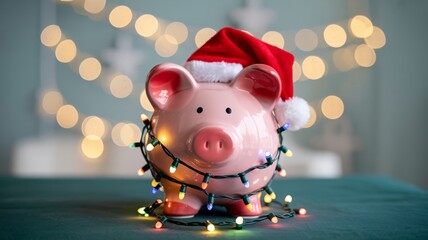 Festive pink piggy bank wearing Santa hat wrapped in Christmas lights offers a fun way to save money for the holidays and plan for the future
