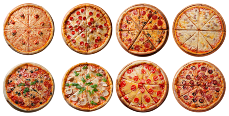 Various Delicious Pizzas Arranged in a Perfect Square Layout, isolated on transparent background