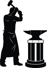 Blacksmith silhouette, forging metal, traditional craftsmanship, hammer raised, anvil work, manual labor, artisan skill, vintage style, industrial heritage, black and white