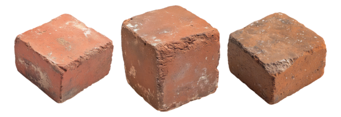 Collection of Three Unique Red Clay Building Bricks on White Background, Isolated on Transparent, white background