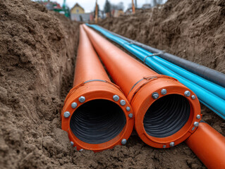 Orange underground sewer pipes and blue conduit laid in muddy trench for utility installation, close up showing joint bolts, corrugated interior and construction site atmosphere