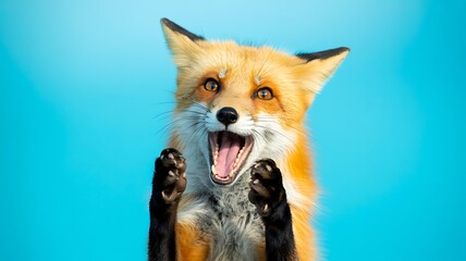 Funny fox with open mouth on blue background showing expression
