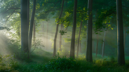 Fototapeta premium Misty Morning Forest with Sunlight Streaming Through Tall Trees and Serene Green Nature