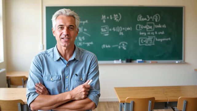 Middle-aged man standing confidently in classroom by chalkboard  