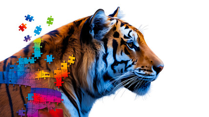 Creative tiger head illustration made of colorful puzzle pieces
