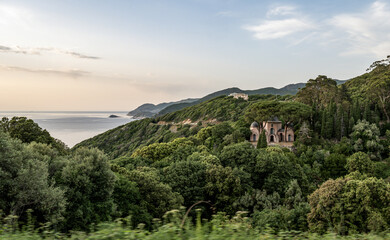 Coastline view Roadtrip Winding road along rocky coast of Cap Corse peninsula on Corsica island France