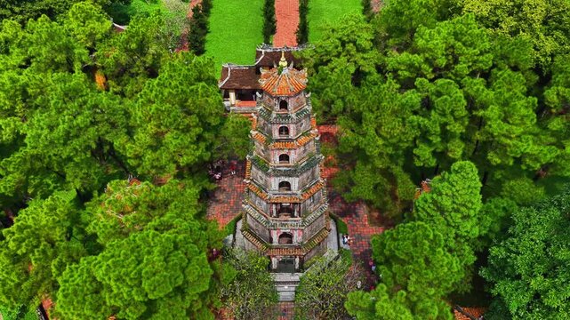 Aerial view of Thien Mu pagoda in Hue, Vietnam, one of the ancient pagoda in Hue city.