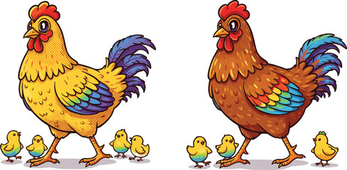 Cartoon chickens with chicks, colorful feathers, farm animals, cute illustration, side-by-side comparison, kids activity, playful, fun, art, educational