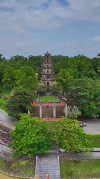 Aerial view of Thien Mu pagoda in Hue, Vietnam, one of the ancient pagoda in Hue city.