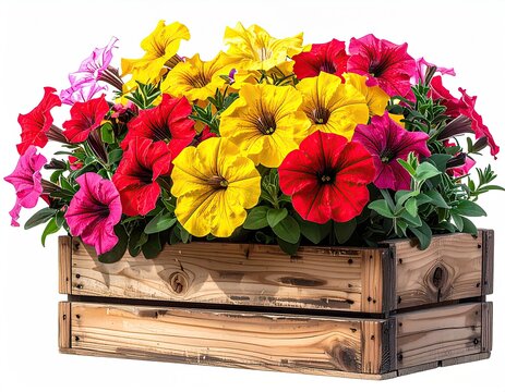Vivid petunias bloom in a wooden crate