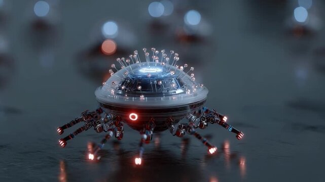 A tiny robotic spider with a transparent dome, glowing legs, and a red central light.
