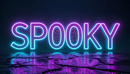 Pink Purple Neon 'SPOOKY' Text with Wireframe Detail on Cracked Ground