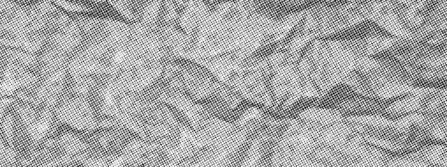 Vector old paper background. Retro halftone effect. Crumpled sheet template. Rough grungy wrinkled overlay. Aged gritty dusty dark grey page mockup. Distressed snow peaks mountain range collage bg