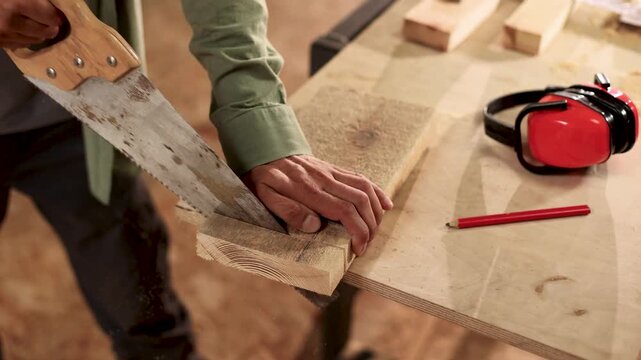 A man is cutting wood with a saw