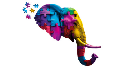 Creative elephant head illustration made of colorful puzzle pieces
