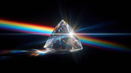 Prism refracting light spectrum isolated on black background optical effect