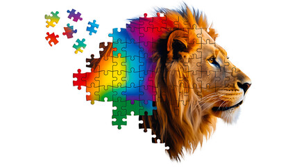 Creative lion head illustration made of colorful puzzle pieces
