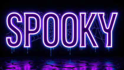 Purple Neon 'SPOOKY' Text with Dripping Slime and Spiderweb Background