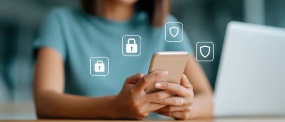 Young woman approving login on phone with laptop nearby, secure mobile authentication and data protection conveying confidence and calm digital security