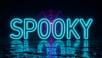 Neon Cyberpunk 'SPOOKY' Text with Glowing Spiderweb and Wet Floor