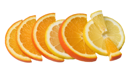 Orange and lemon slices isolated on transparent background with vivid pulp and peel texture. Fresh assorted citrus clipart for collage, diet menu, grocery and culinary design projects.