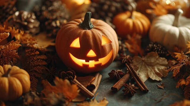 Jack o lantern flatlay, close-up flatlay of a glowing jack-o&rsquo;-lantern surrounded by pumpkins, dry leaves, and cinnamon sticks, warm tone lighting