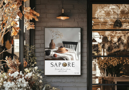 Cozy Cafe Sign Mockup with Rustic Decor PSD