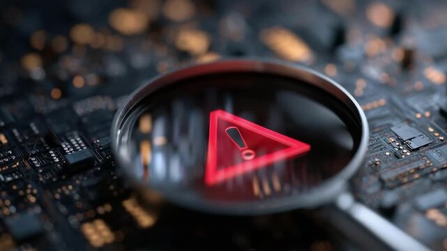 Red warning triangle under a magnifying glass on a computer motherboard.