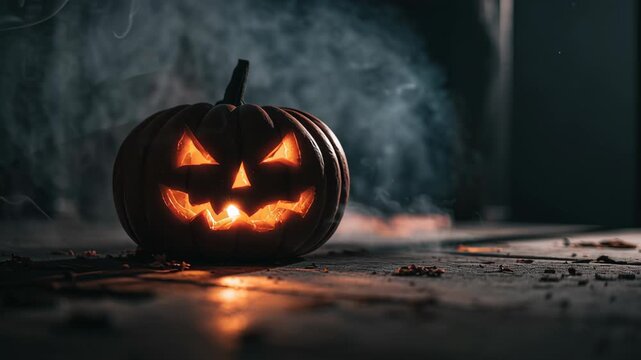 Jack o lantern flatlay, close-up flatlay of a glowing jack-o&rsquo;-lantern with smoke and shadow effects, moody background, detailed textures